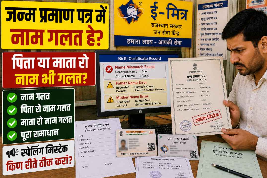 राजस्थान में जन्म प्रमाण पत्र स्पेलिंग मिस्टेक फिक्स गाइड: नाम, पिता रो नाम अर माता रो नाम गलत हो तो काई करां?